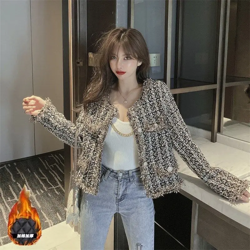 2022 Autumn New Plaid Stitching Vintage Elegant Women's Jacket Tweed Temperament Short Top Slim Coat Popular Clothing Knit Shirt