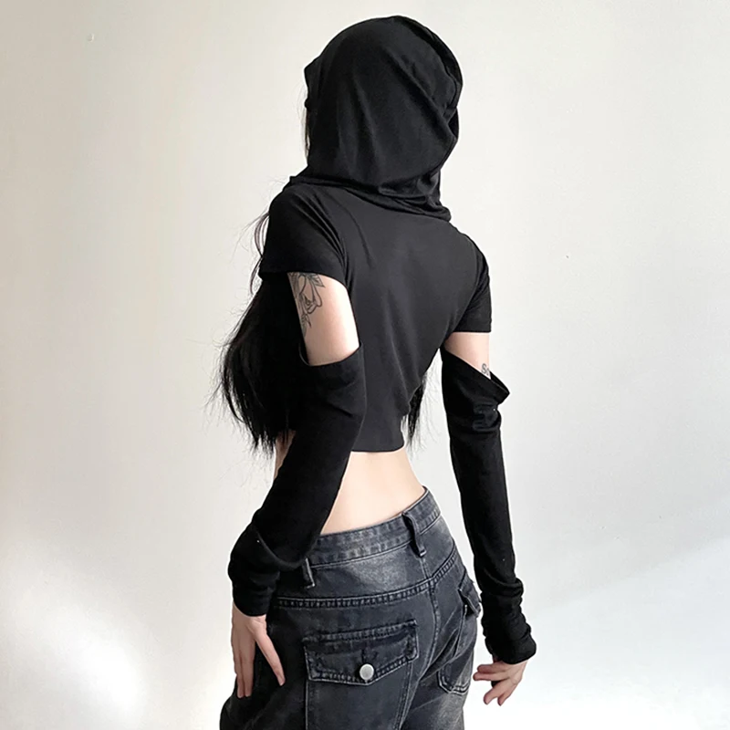 y2k Crop Top Women Punk Gothic Clothes Solid Color Long Sleeve Hooded T Shirt with Thumbhole Wasteland Tee Streetwear
