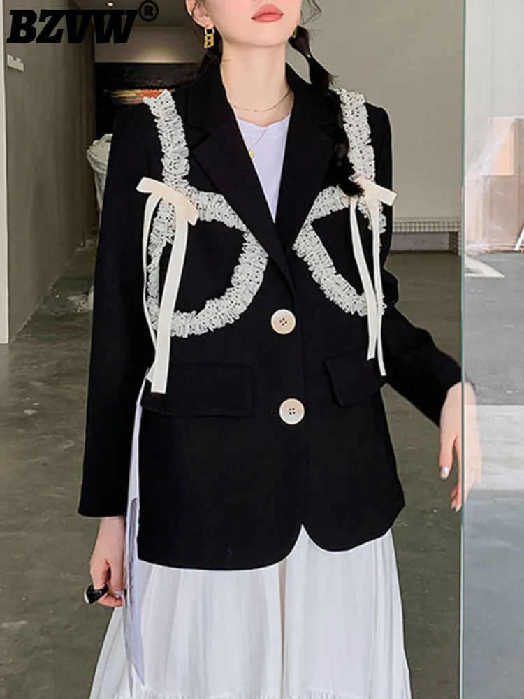

BZVW Mesh Spliced Black Designer Blazer Coat Women 2023 Spring Autumn New Single Breasted Casual Suit Coat Female Trend 25X2131