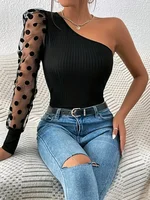 Spring and Autumn hot fashion polka dot mesh stitching long sleeve solid color single shoulder shirt T-shirt women 1