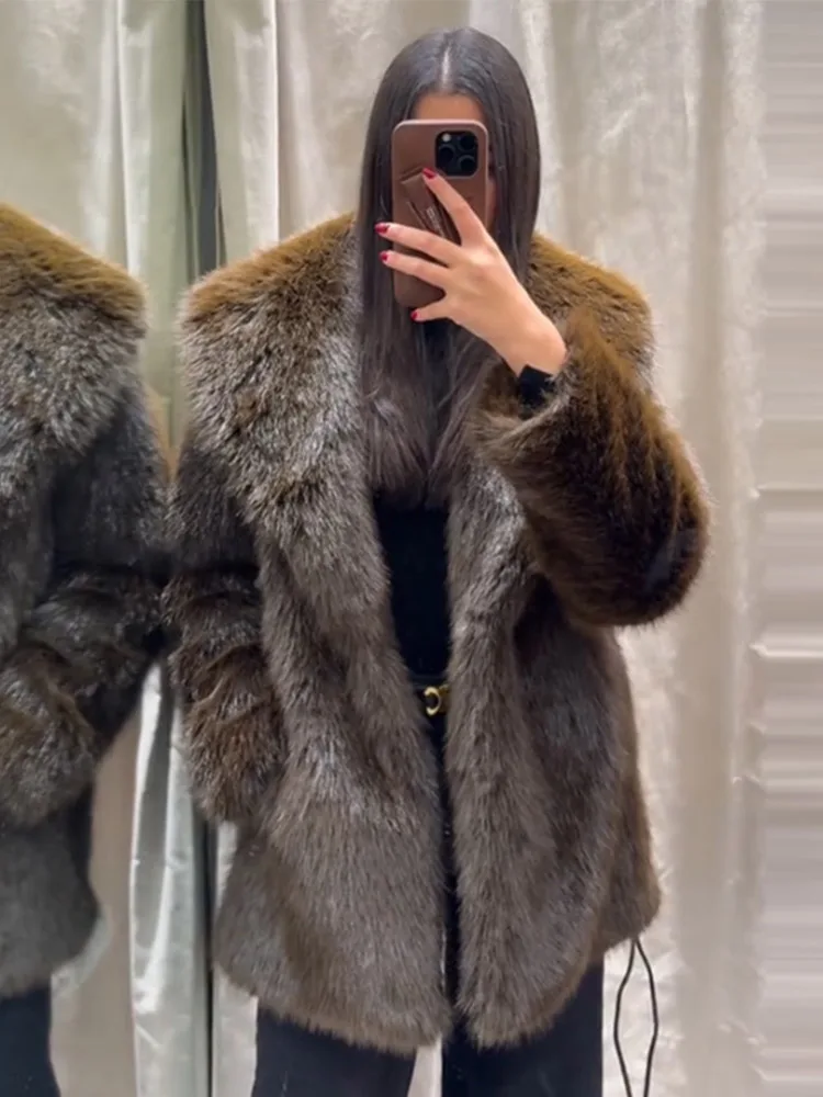 Vintage Luxury Faux Fur Women Coats Fashion Belt Lapel Full Sleeve Female Jacket 2024 Winter Street Loose Thicken Lady Outwears 3