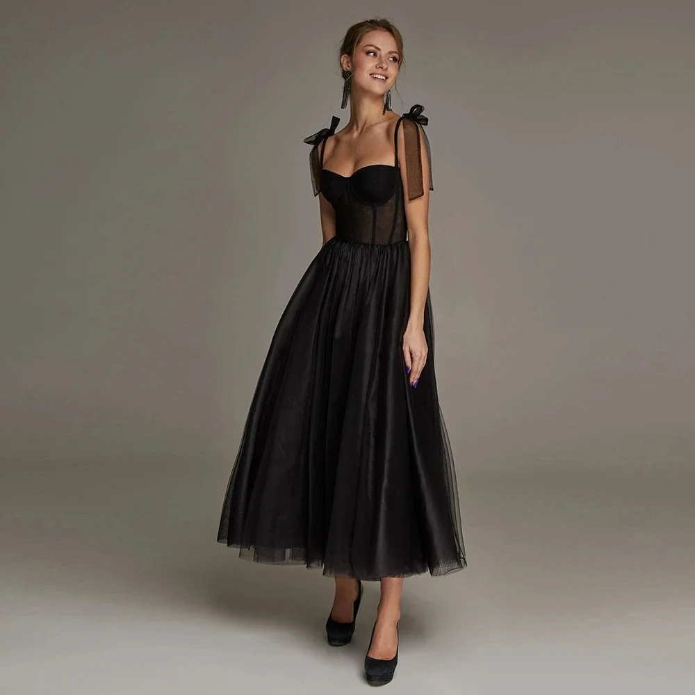 

Saudi Arabia Black Tea Length Evening Dress Spaghetti Straps Bow Corset Wedding Party For Woman Robe De Soriee Abendkleider 2024