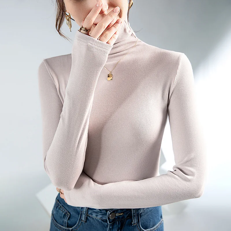 Women Turtleneck Slim Soft Long Sleeve T Shirts Lady Elegant Stretchy Solid  Base Undershirts Tees Female Basic T-Shirt Top - AliExpress