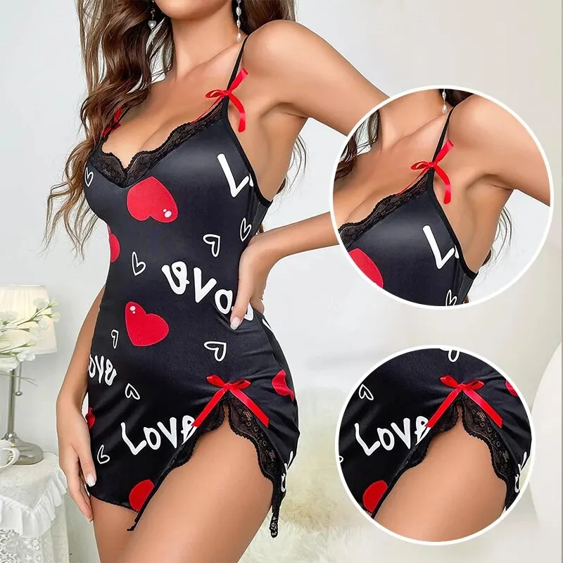 Women Pajamas Sling Dress Lace Edge V-Neck Side Split Printed Sleepwear Home women nightgowns women nightdresses women pajamas sleeping dress