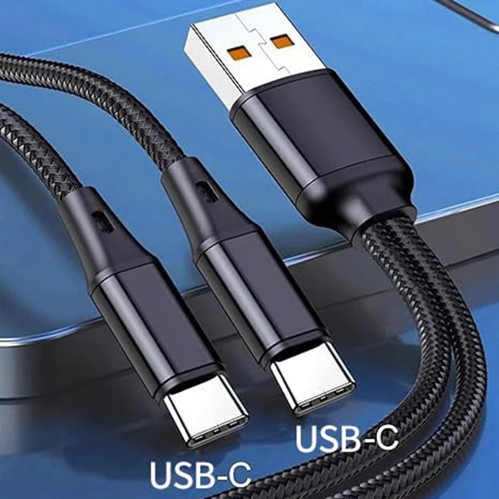 Dual USB-C Splitter Cable with Quick Charge & High-Speed Data Nylon Cord