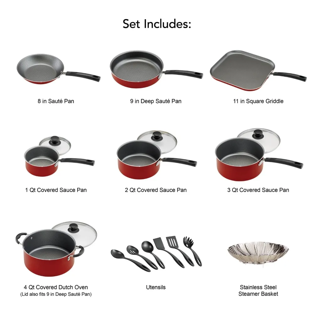 18 Piece Pots And Pans With Clear Lid Non Stick Kitchen Cookware Cooking Set  Red