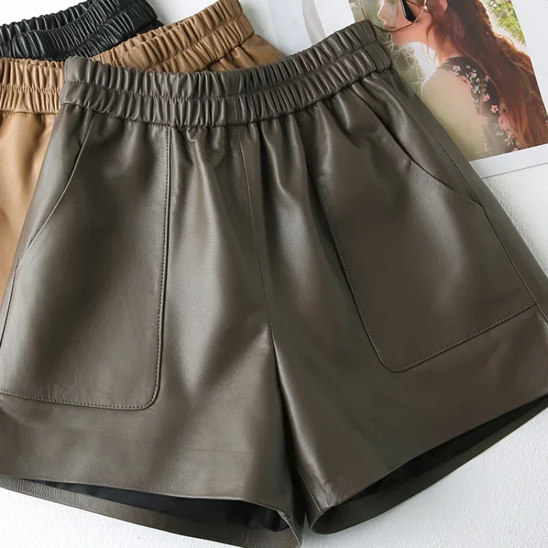 

Genuine Sheepskin Leather Shorts for Women High Waist Short Wide Leg Short Elastic Waist Leather Shorts Ladies Shorts ropa mujer