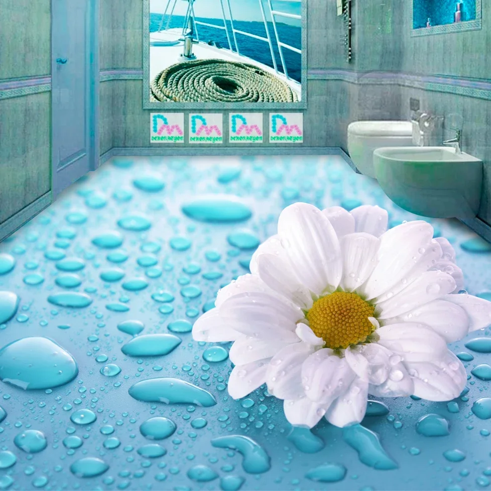 Custom 3D Stereoscopic Drops Daisy Flower Painting Vinyl Floor Tiles Waterproof Wallpaper For Bathroom Mural Sticker Home Decor