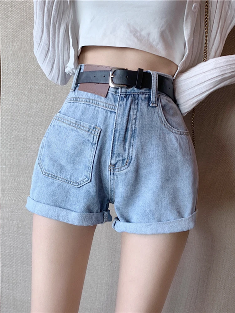 outfits for women Sungtin Summer Fashion Loose Denim Shorts for Women with Belt Vintage Casual Short Jeans Female Pockets High Waisted Short Pants black shorts