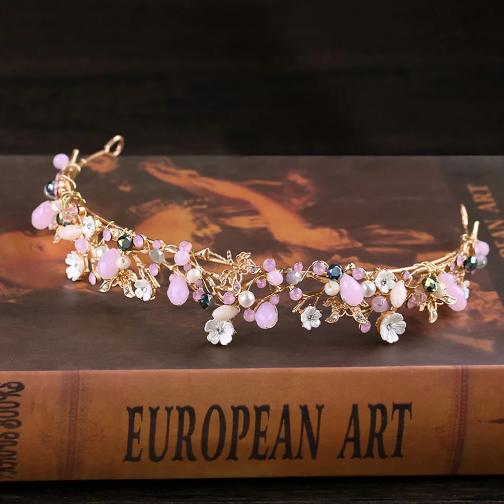 핑크 크리스탈 꽃 신부 머리띠 우아한 웨딩 헤어 액세서리 신부 헤어밴드 파티 프롬 신부 헤어 액세서리