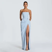 Robe plissée élégante sans bretelles jaune pour femme, chic, sans manches, cintrée à la taille, fendue, longue, pour soirée, collection 2026 4