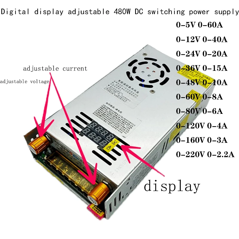 Fonte de Alimentação de Comutação Ajustável 60v 80v 120v 220v 480w com Display Digital Tensão de Alimentação 12v 10a dc 5v 12v 24v 36v 48v