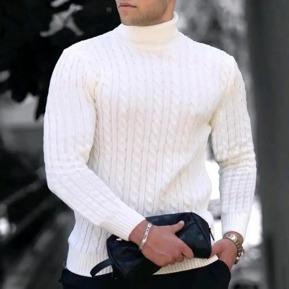 

Knitted Sweater High Neck Men's Winter Sweater Solid Color Long Sleeve Turtleneck Top Essential Autumn Clothing for Cold Weather