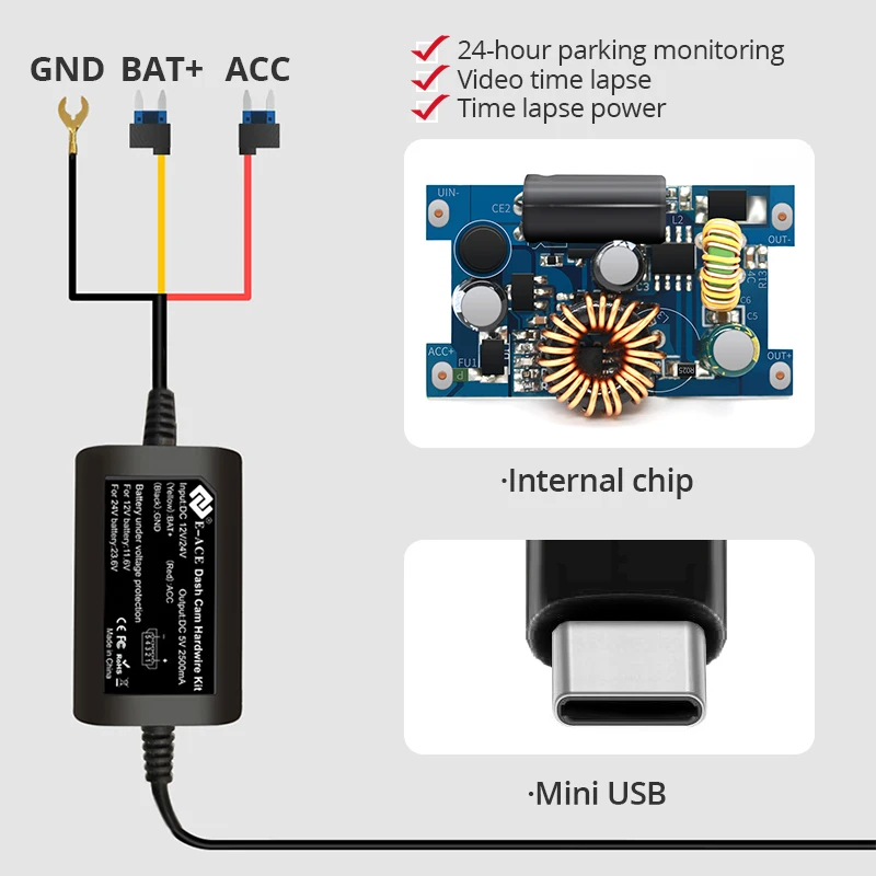 Universal Hard Wire Cable Kit for DashCam Parking Monitoring - 3.5 Meters, mini USB & Type-C