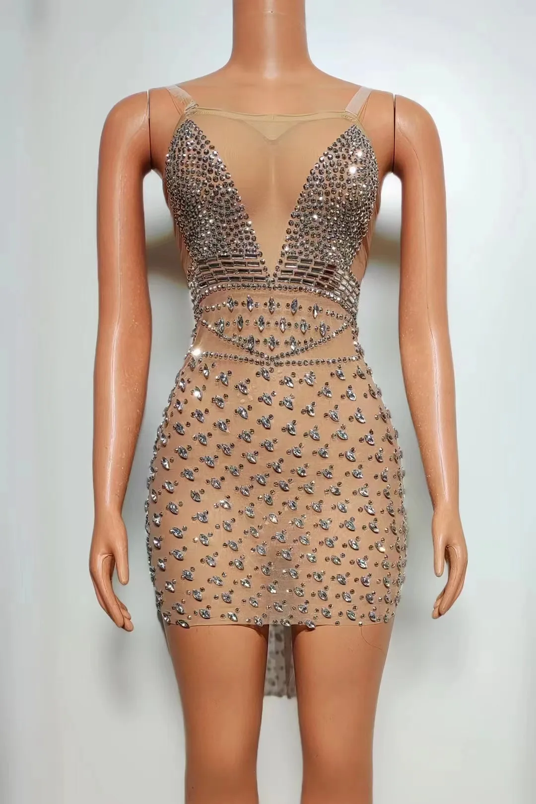 

Luxurious Crystals Rhinestones Sexy Backless Mesh Mini Dress Women Celebrate Birthday Party Singer Club Stage Performance Wear