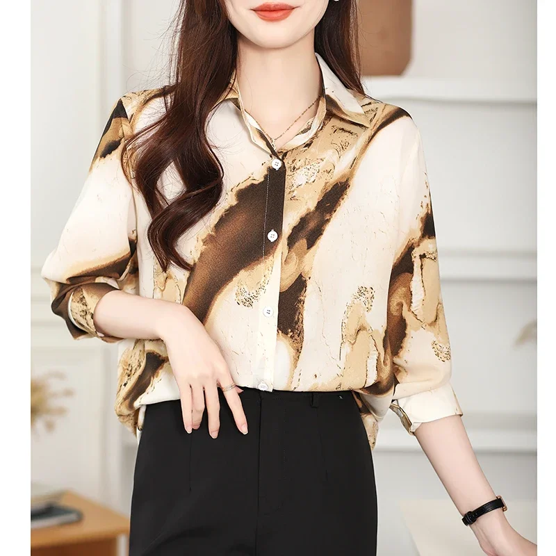 

New 2024 Chiffon Summer Women's Blouse Casual Fashion Advanced Temperament Simplicity Tops Ink Printing Long Sleeved Shirt