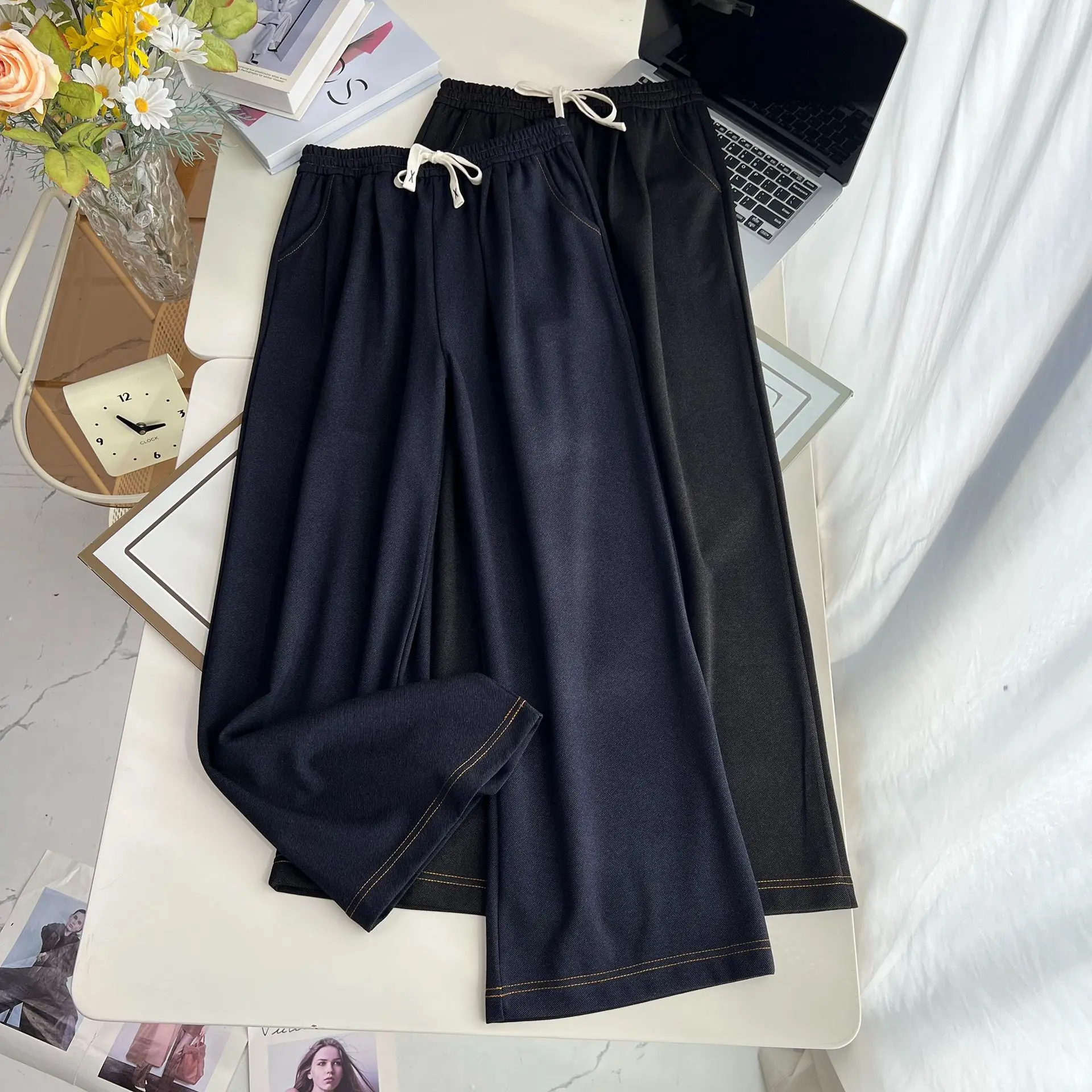 Plus Size Women's Straight Leg Jeans Autumn New Style Simple Drawstring Elastic Waist Long Pants Casual Trousers 8023