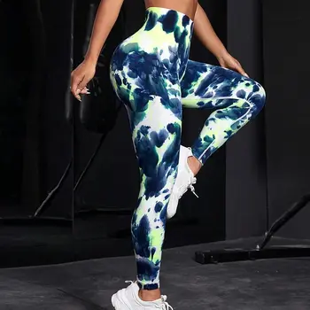 Seamless Drip Dyeing Bleached Sports Tights Women's Roll Control Push Up Elastic Yoga Pants Fitness Gym Fitness Tights Running T 1
