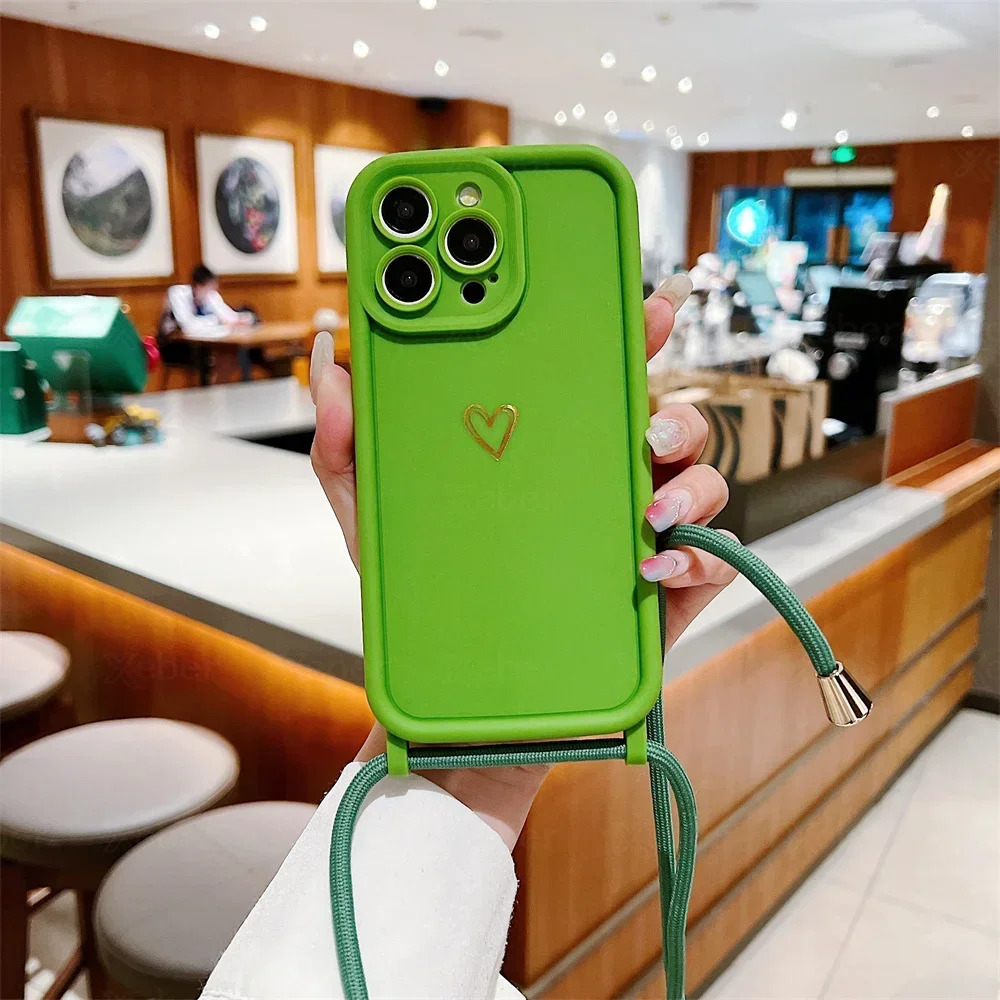 Elegant Love Heart Silicone Phone Case with Crossbody Necklace Strap