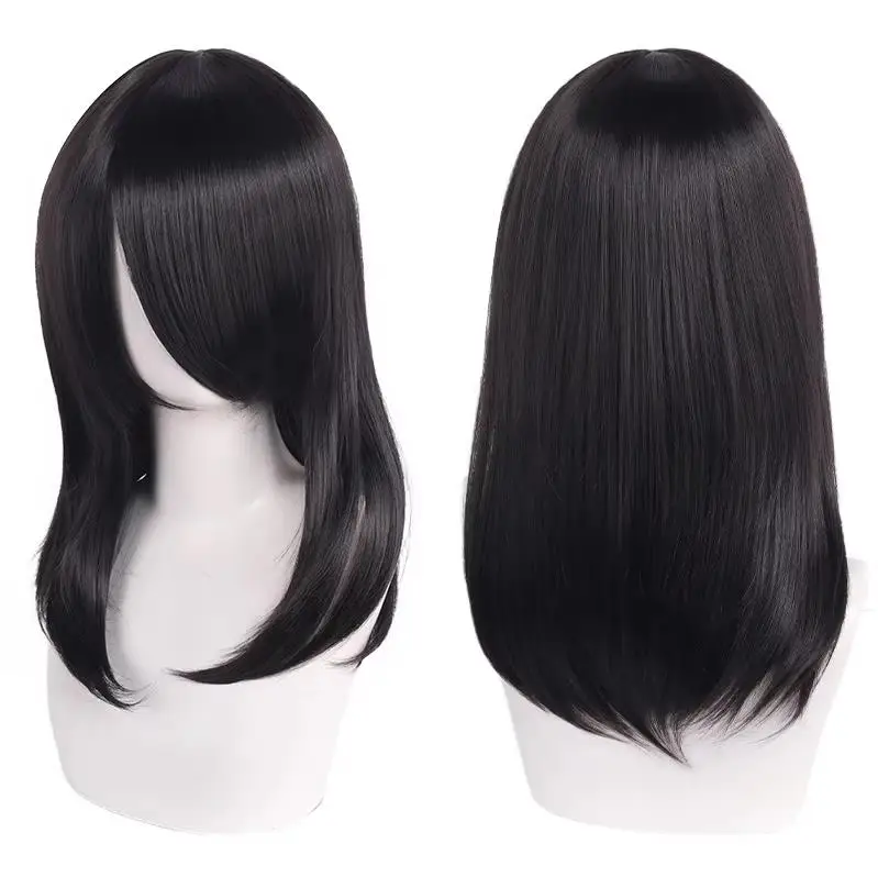 QQXCAIW Hochwertige 40 cm mittlere Cosplay-Perücke mit Pony, Schwarz, Blond, Rosa, Rot, Blau, Lila, hitzebeständige Kunsthaar-Perücken – Detail 19