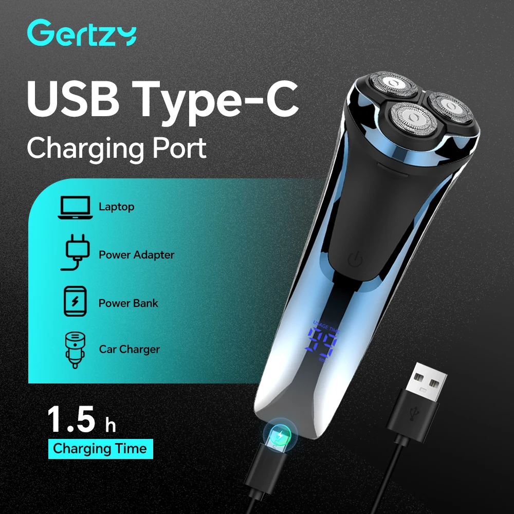 3D Rotating Men's Electric Shaver USB Charging Float LED Display Screen Stainless Steel Blade