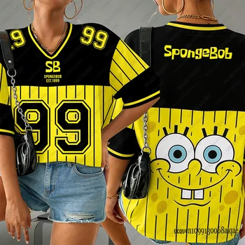 SpongeBob SquarePants Print Tshirts For Women Summer V-neck Sports Football Jerseys Casual Couple Street Clothing Y2K Female Top 1