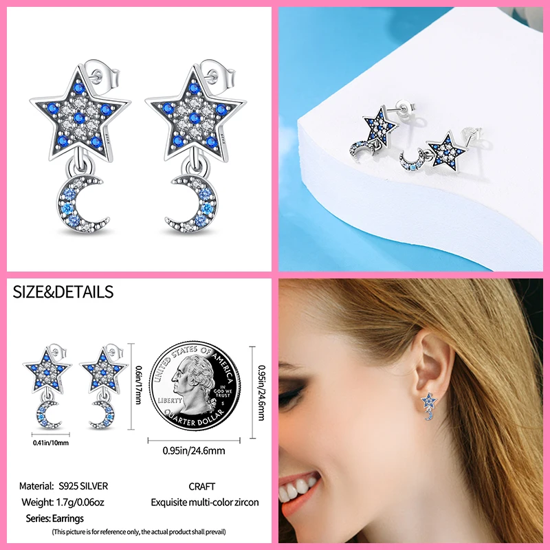 2023 New in Star Shaped Blue Sparkling Zircon Stud Earrings Women 925 Silver Pendant Earring Jewelry Party Anniversary Hot Gift
