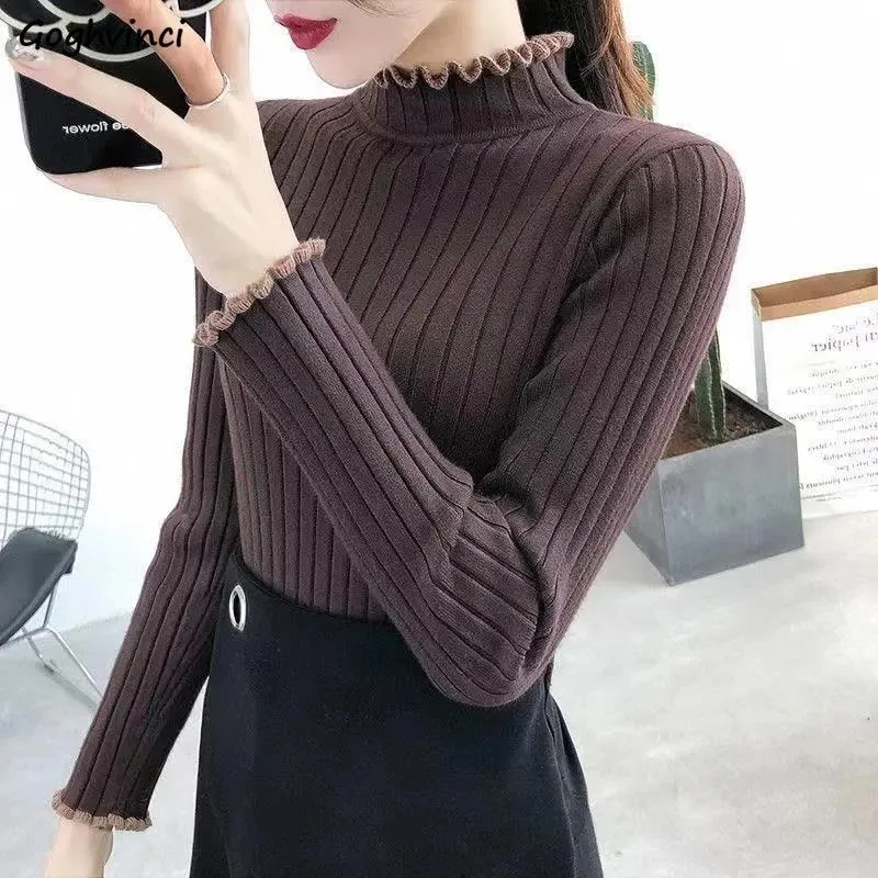 

Long Sleeve Pullovers Women Ruffles Autumn Winter Fashion All-match Knitting Sweaters New Pit Stripe Turtleneck Slim Fit Solid