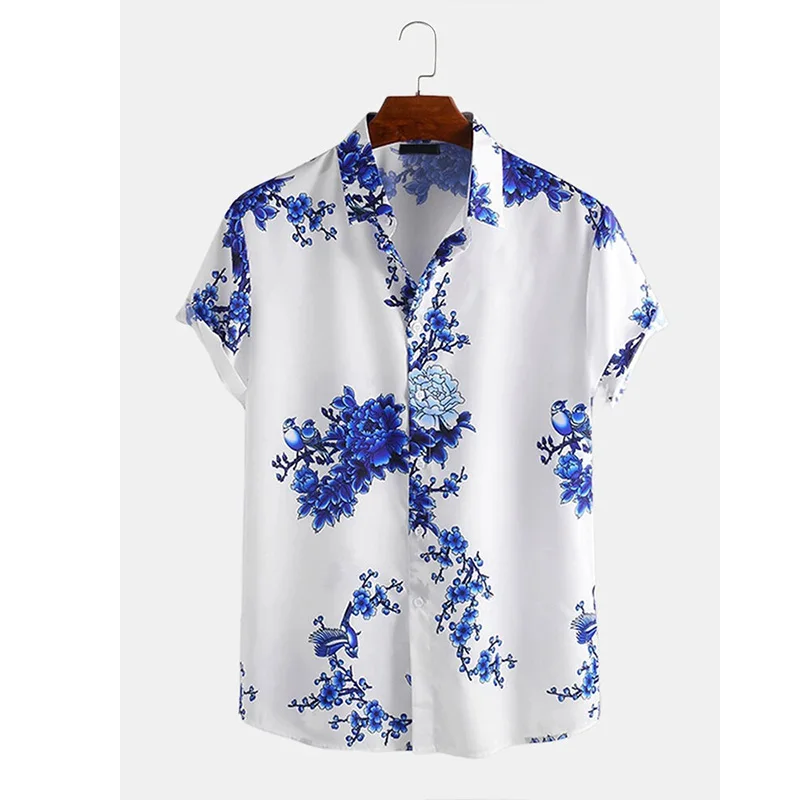 

Men Print Shirts Leisure Ink Painting Plum Blossom Short Sleeve Lapel Shirts Men Fashion Retro Lapel Single Breasted Men Shirts
