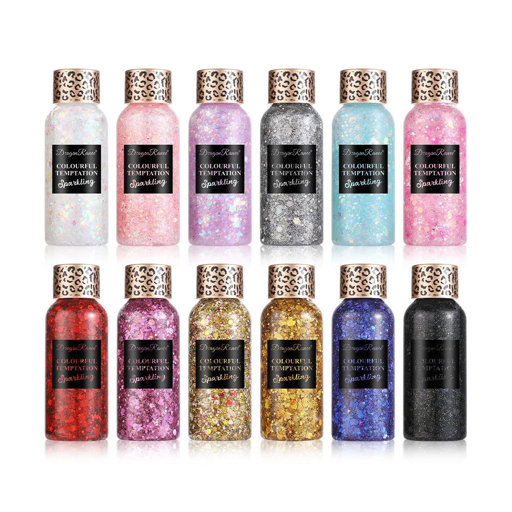 12 Colors Bright Crystal Sparkling Sequins Gel Eye Shadow Eye Makeup Face Body Sparkling Liquid Gel Festival Makeup Cosmetic 30g 6