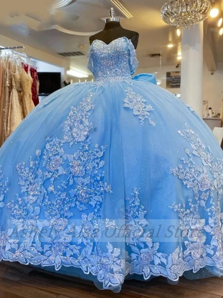 Saudyjskoarabski niebieskie sukienki Quinceanera niebo z odkrytymi ramionami koronkowa aplikacja słodka 16 girlbirthday Party vestidos 15 quinceañera 2024