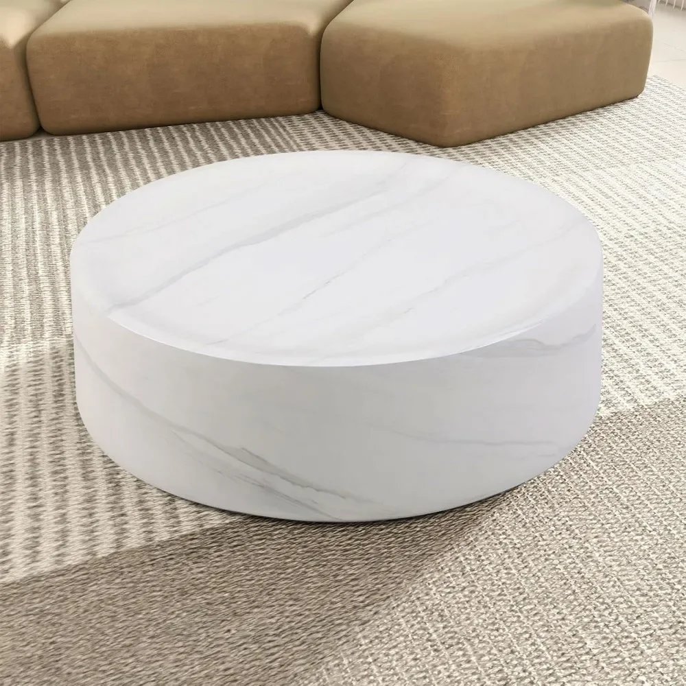 39.37 inch round coffee table, modern marble textured coffee table, fiberglass drum shape, no assembly required (white) 6