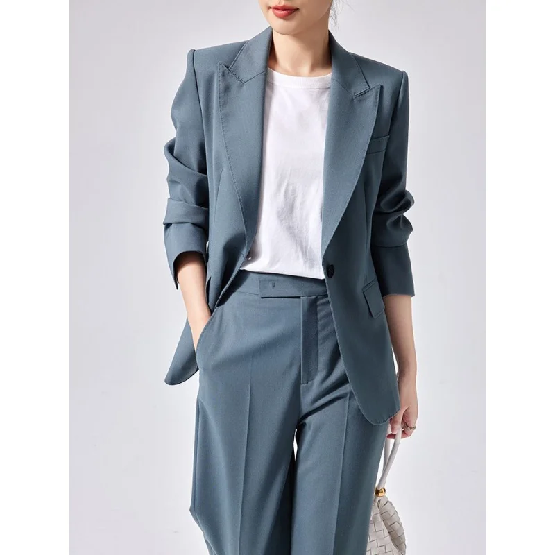 Suit Spring and Autumn Slim Fit Wool Small Suit Outfit Women's Two-Piece Suit Temperament Commute Suit Straight Wide-Leg Pants