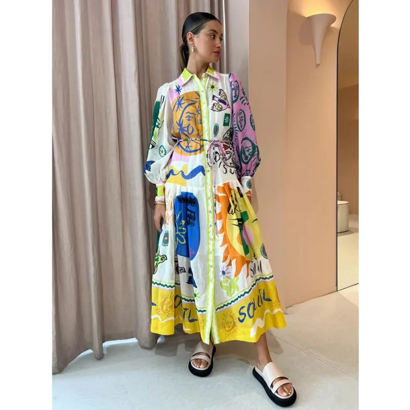 

Print Graffiti A-line Holiday Dress Women Belts Long Puff Sleeve Single Breasted Lapel Pleated Beach Summer Dresses High Waist