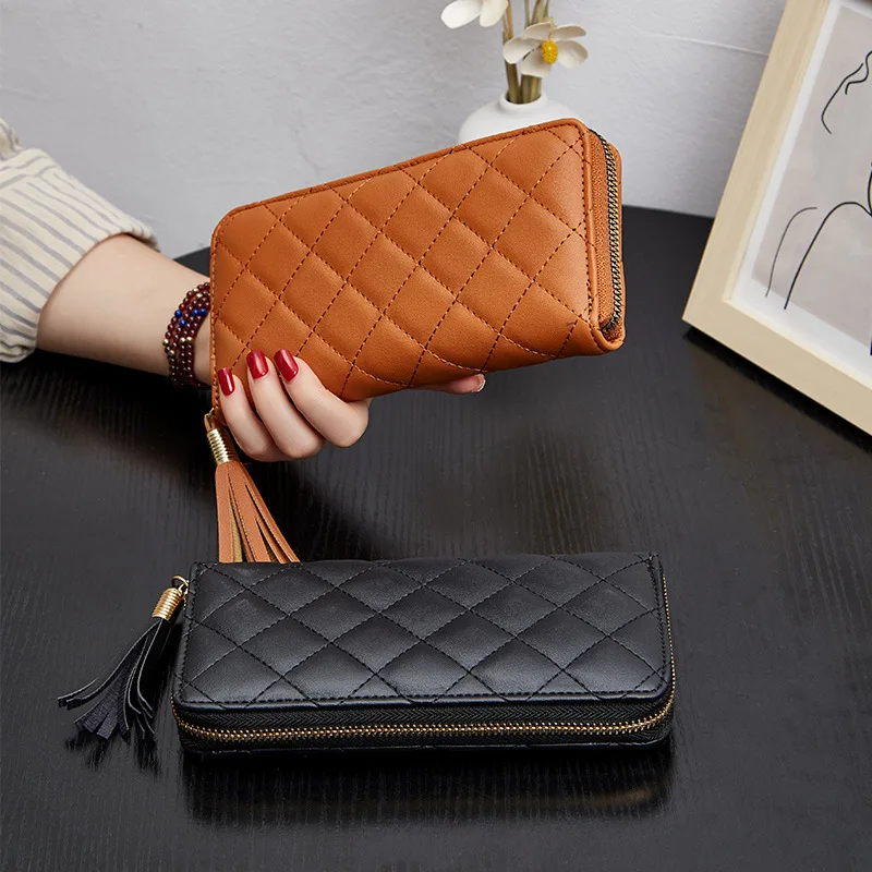 Lingge Embroidery Ladies Wallet 2023 Fashion Long Zipper Large Capacity Clutch Wallet Wallet Women's Card Holder Phone Bag