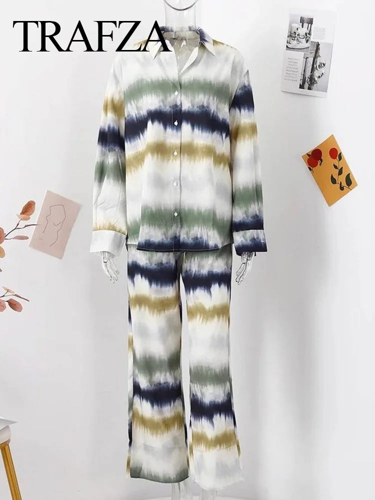 TRAFZA 2024 Woman's Tie Dye Pants Set Long Sleeve Printed Shirt+Elastic Waist Casual Pants Woman Summer Set Beach Holiday TRAF