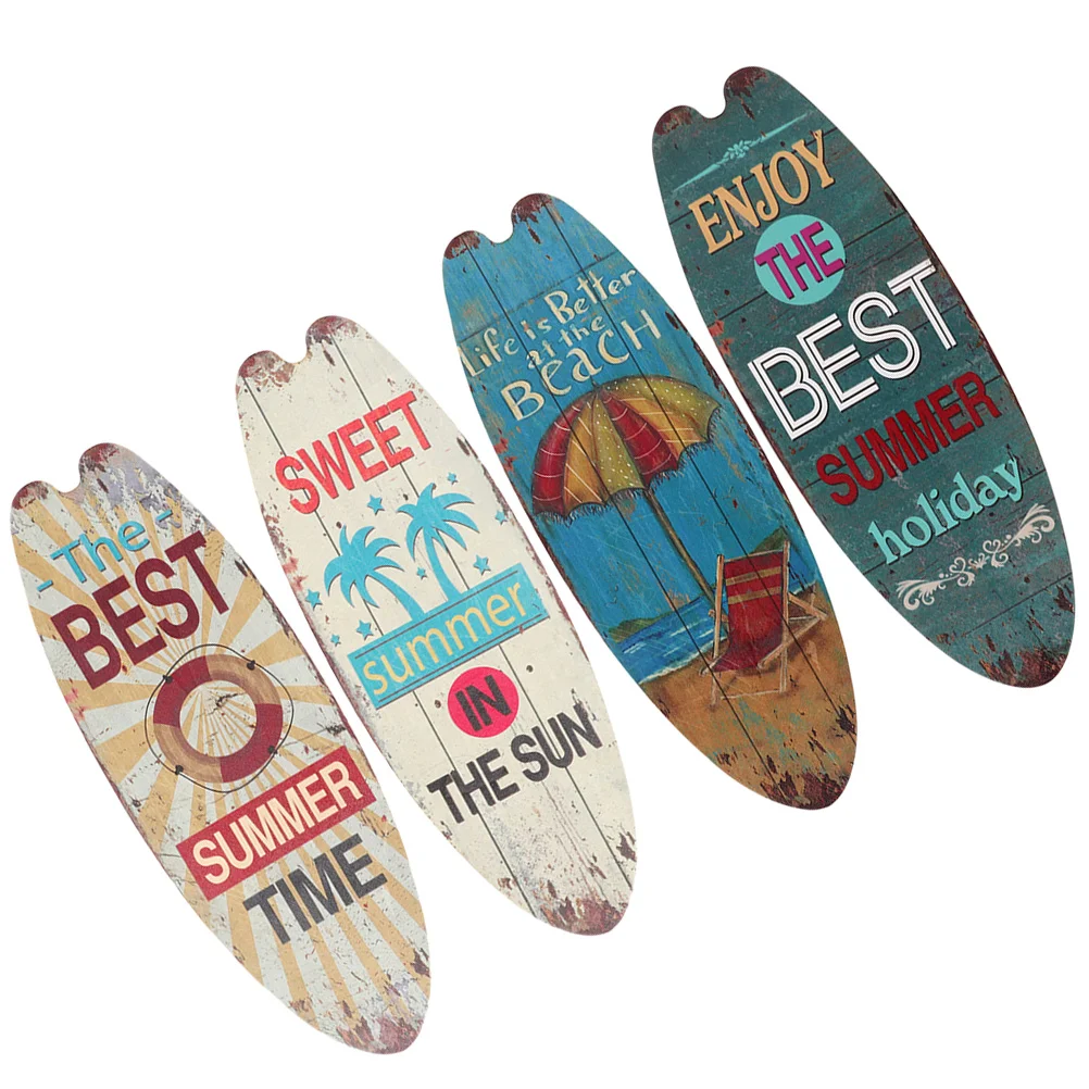 

4 Pcs Surfboard Wooden Sign Decoration for Living Room Boards Decorating Signage Summer Home+decor Hanging Plaque Wall Crafts