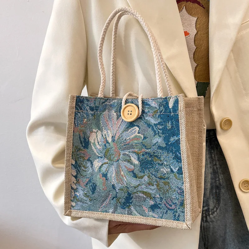 

Linen Pastoral Style Carrying Tote Bag With Button Female Camping Carrying Environmental Student Bag Vacation