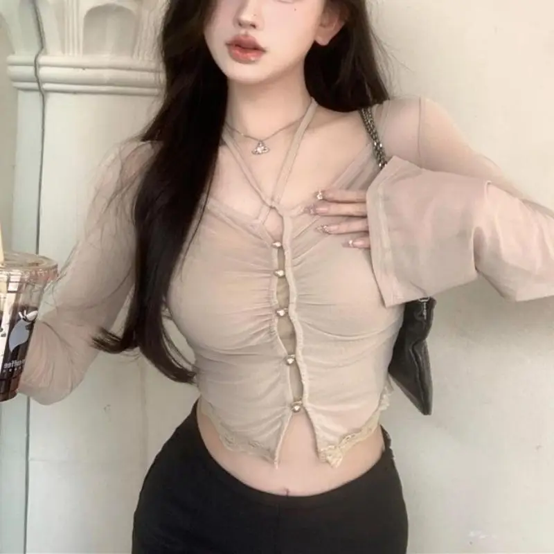 여성을위한 교수형 목 얇은 태양 보호 셔츠 섹시한 매운 소녀 짧은 카디건 탑 솔리드 컬러 슬림 긴팔 셔츠