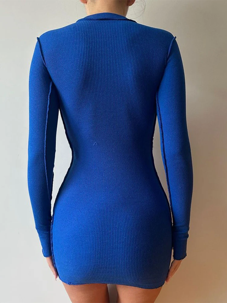 Screw Thread Mini Dress For Women 2025 Spring Ribbed Long Sleeve Bodycon Dresses Pink Streerwear Elastic Casual Vestidos