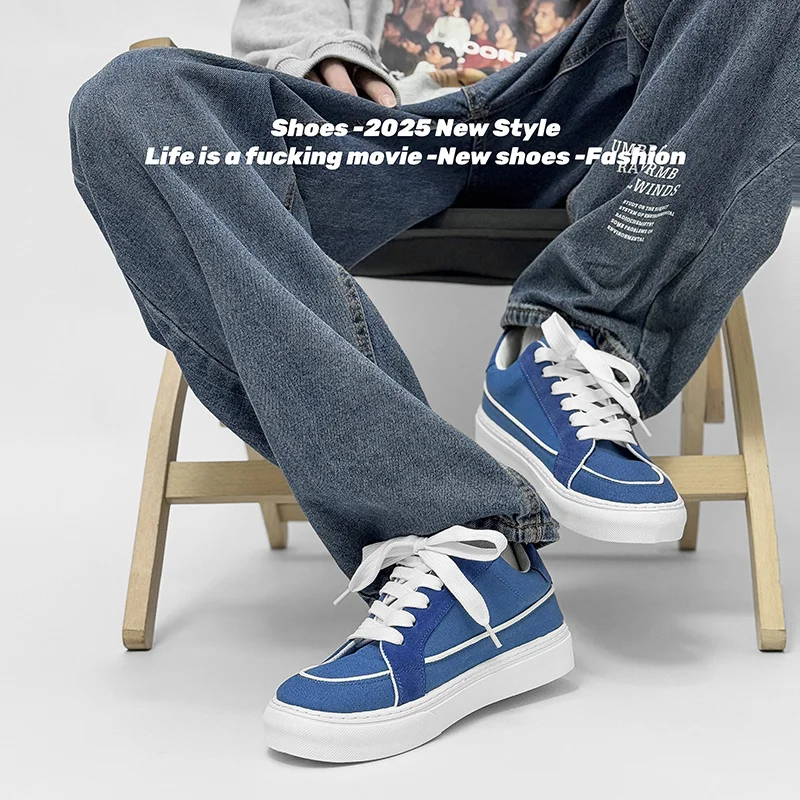 Harajuku style Blue Men's Canvas Shoes 45 Size Spring Low cut Vulcanize Sneakers Men Breathable Lace Up Skateboard Shoes Men 4