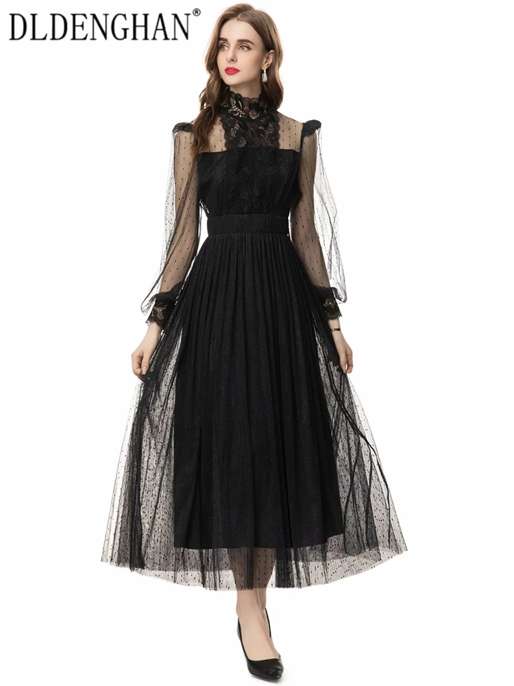 

DLDENGHAN Summer Black Dot Mesh Dress Women's Stand Collar Lantern Sleeve Ruffles Vintage Party Dresses Fashion Designer New