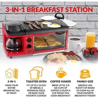 OUIO 3-in-1- Includes Coffee Maker, Non-Stick Griddle, and 4-Slice Toaster Oven - Versatile Breakfast Maker with Timer-red 1