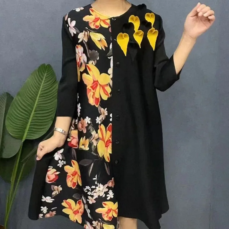 

Miyake Pleated Dress for Women, Round Neck, Loose Print, Casual, A-line, Mid-length, Female Fashion, Autumn, New, 2022