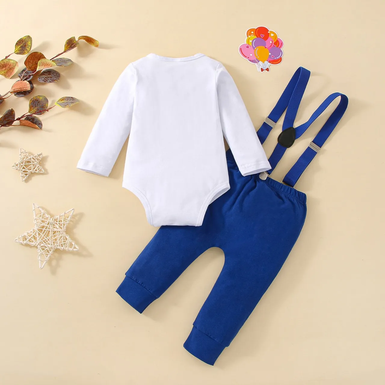 Baby Boy Clothes NO.1 Printed Romper Long Sleeve Bodysuits with Suspender Pants First Birthday Outfit for Cake Smash Photograph