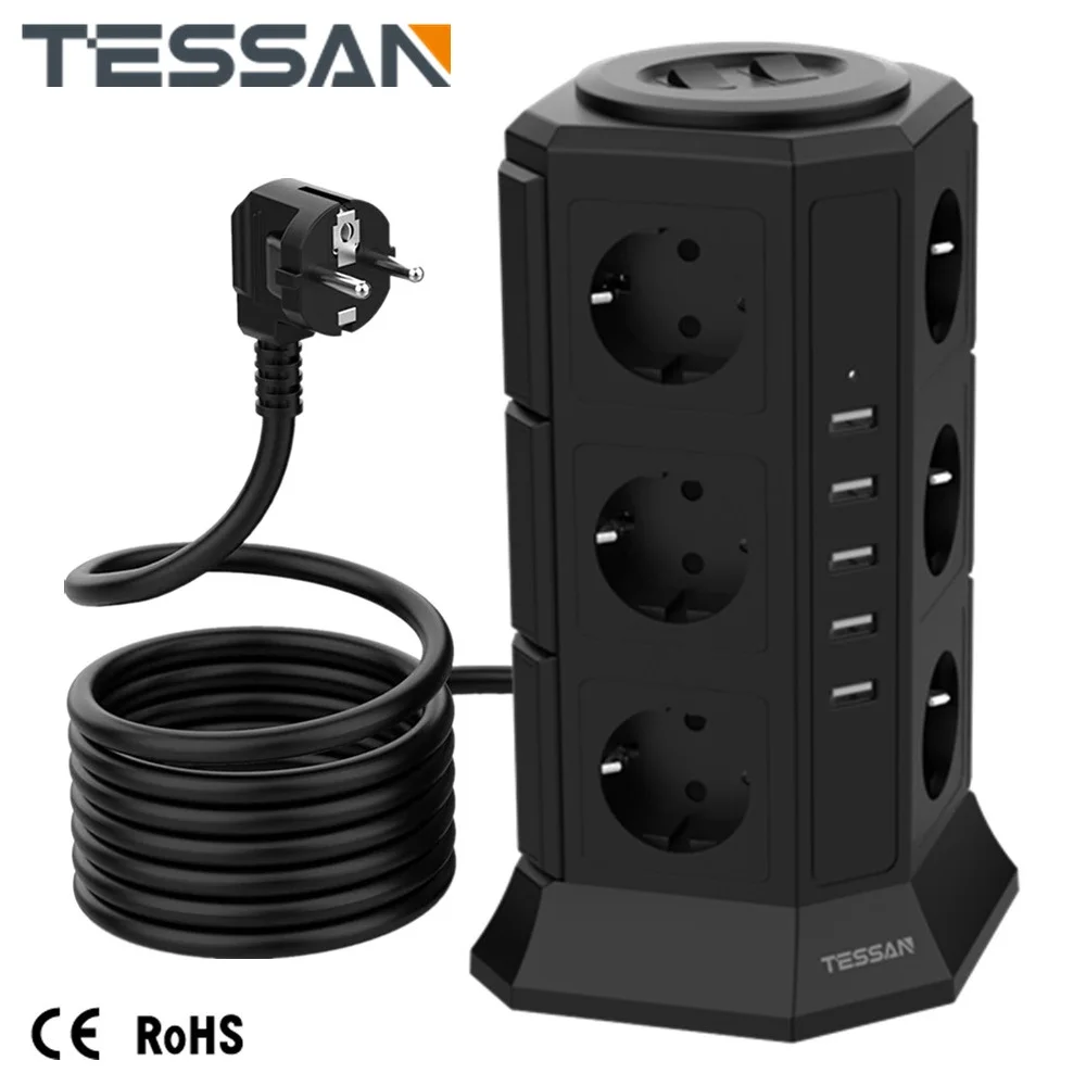 

TESSAN Vertical Tower Power Strip Surge Protector with AC Outlets USB 2M Extension Cord European Plug Multi-tap Electric Socket