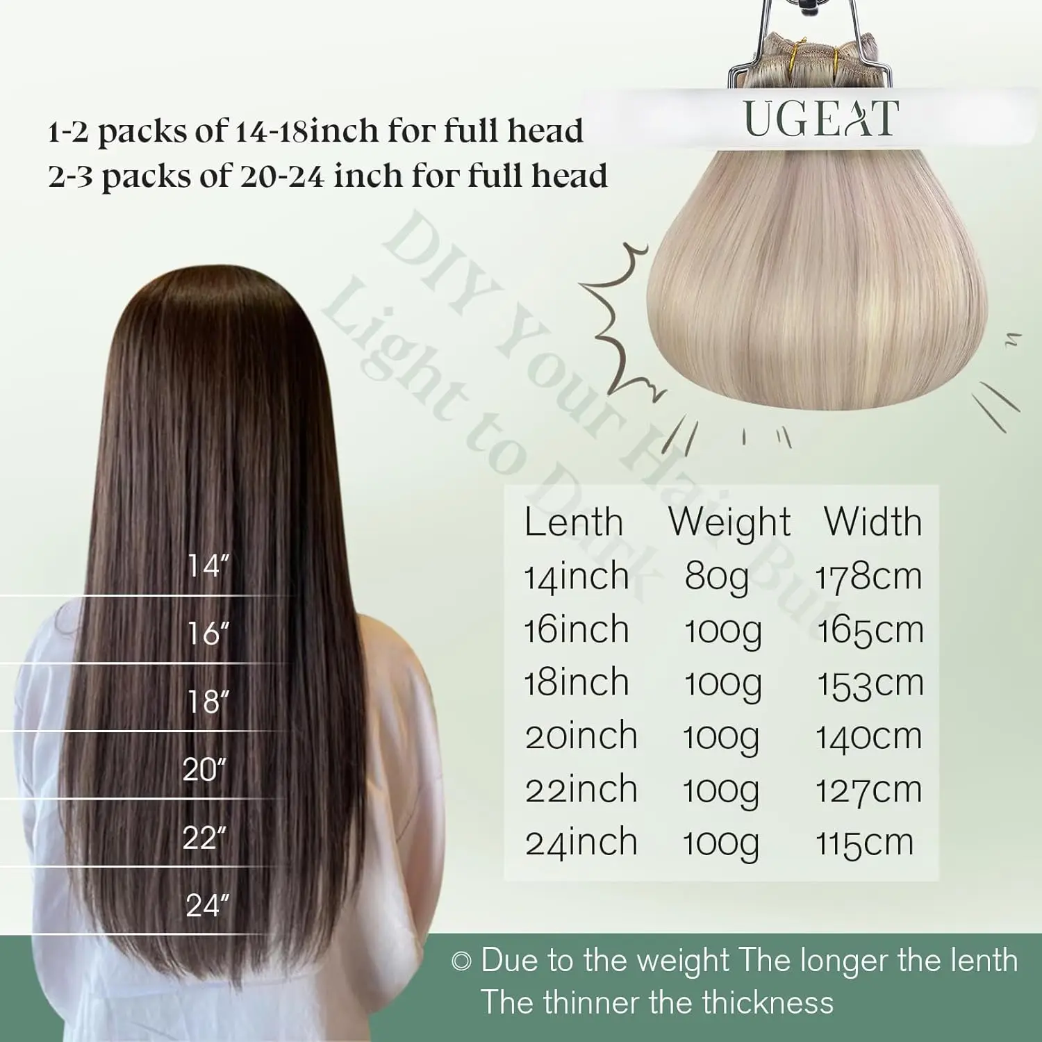 Ugeat-Extensions de Cheveux Humains Remy à Coudre pour Femme, Tissage de Cheveux Humains Doux et Légers, 100g