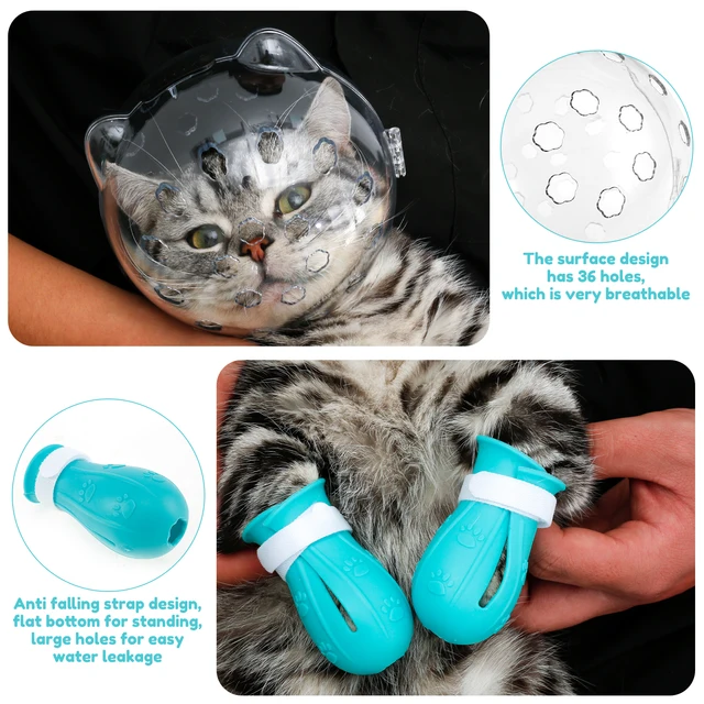1/2Pcs Cat Muzzle Pet Grooming Cover Accessory Anti-bite Anti-Licking Cat Space Hood Breathable Helmet with 4 Silicone Paw Shoes 3