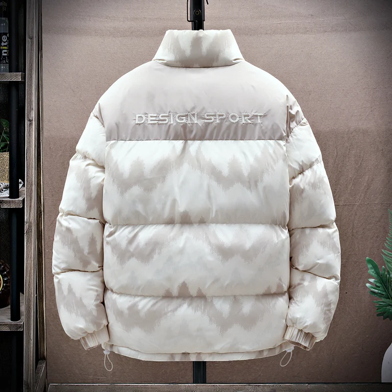 Plush Jacket Men Winter Patchwork Stand-up Collar Printing Coat Cotton-Padded Jacket Unisex Thick Warm Vintage Fashion Parkas