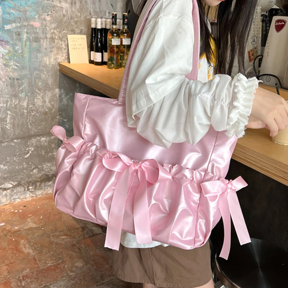 Y2K Cute Fashion Bow Shoulder Bag Sweet Women Large Capacity Ita Bag Nylon Korean Style Trend Tote Bag Kawaii Female Handbag